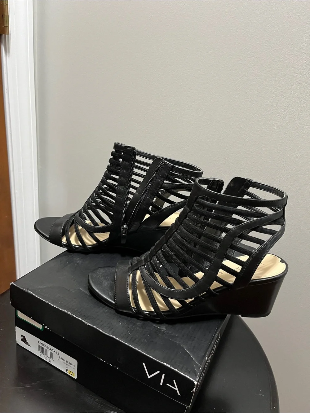 Via Spiga Black Strappy Wedge Sandals